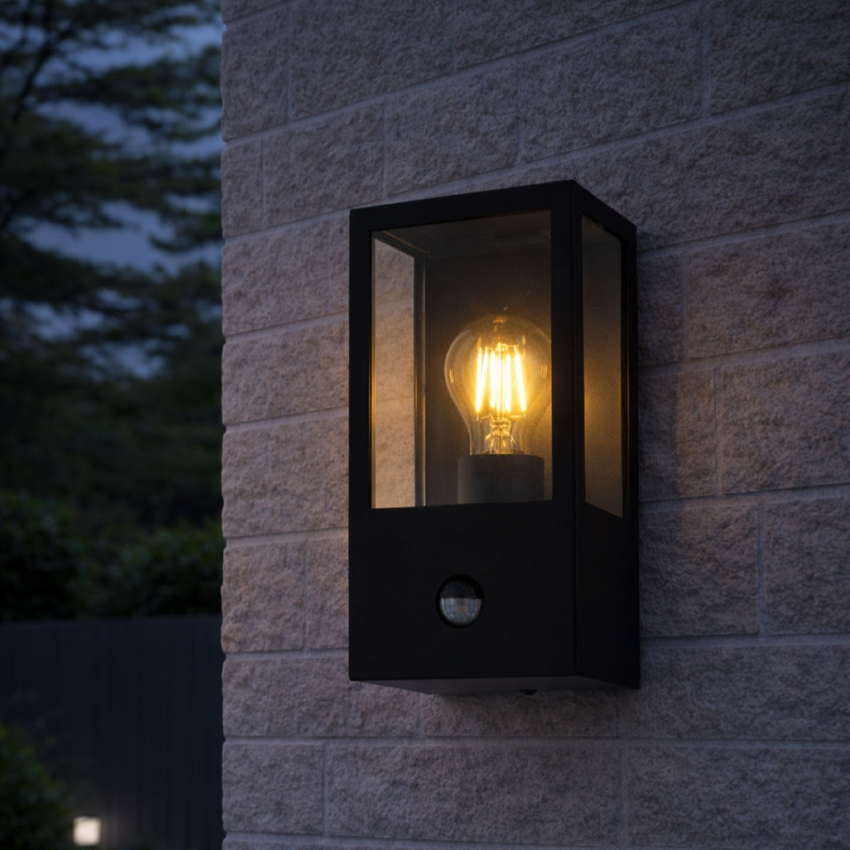 CGC Dave PIR Motion Sensor Black E27 Outdoor Wall Light Box Lantern Clear Diffuser IP54