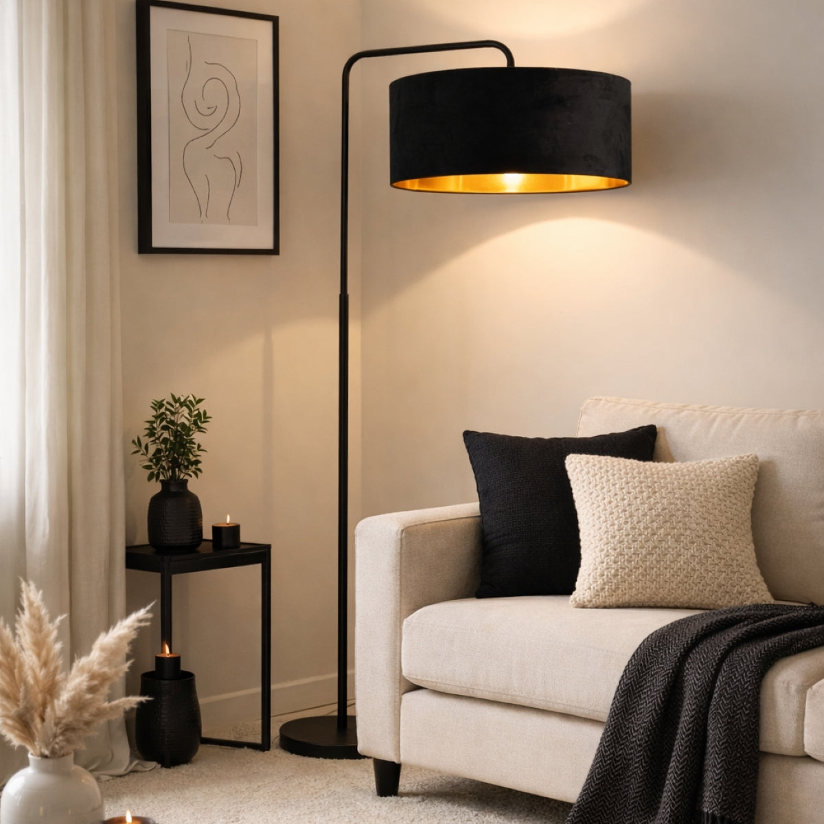 CGC Kyra Black Angled Floor Lamp with Large 45cm Velvet Lampshade