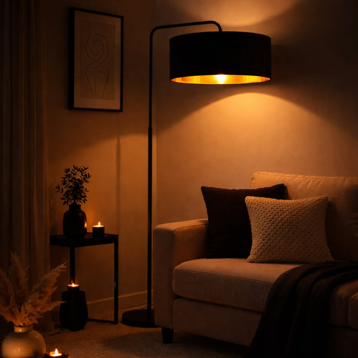 CGC Kyra Black Angled Floor Lamp with Large 45cm Velvet Lampshade