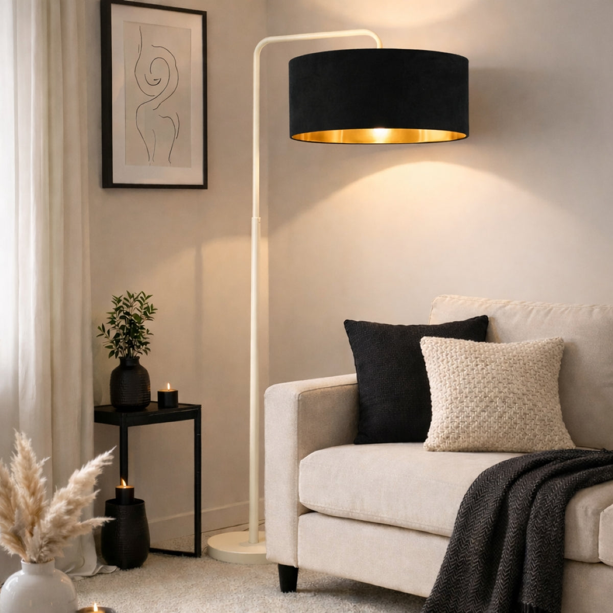 CGC Kyra Cream Angled Floor Lamp with Large 45cm Velvet Lampshade