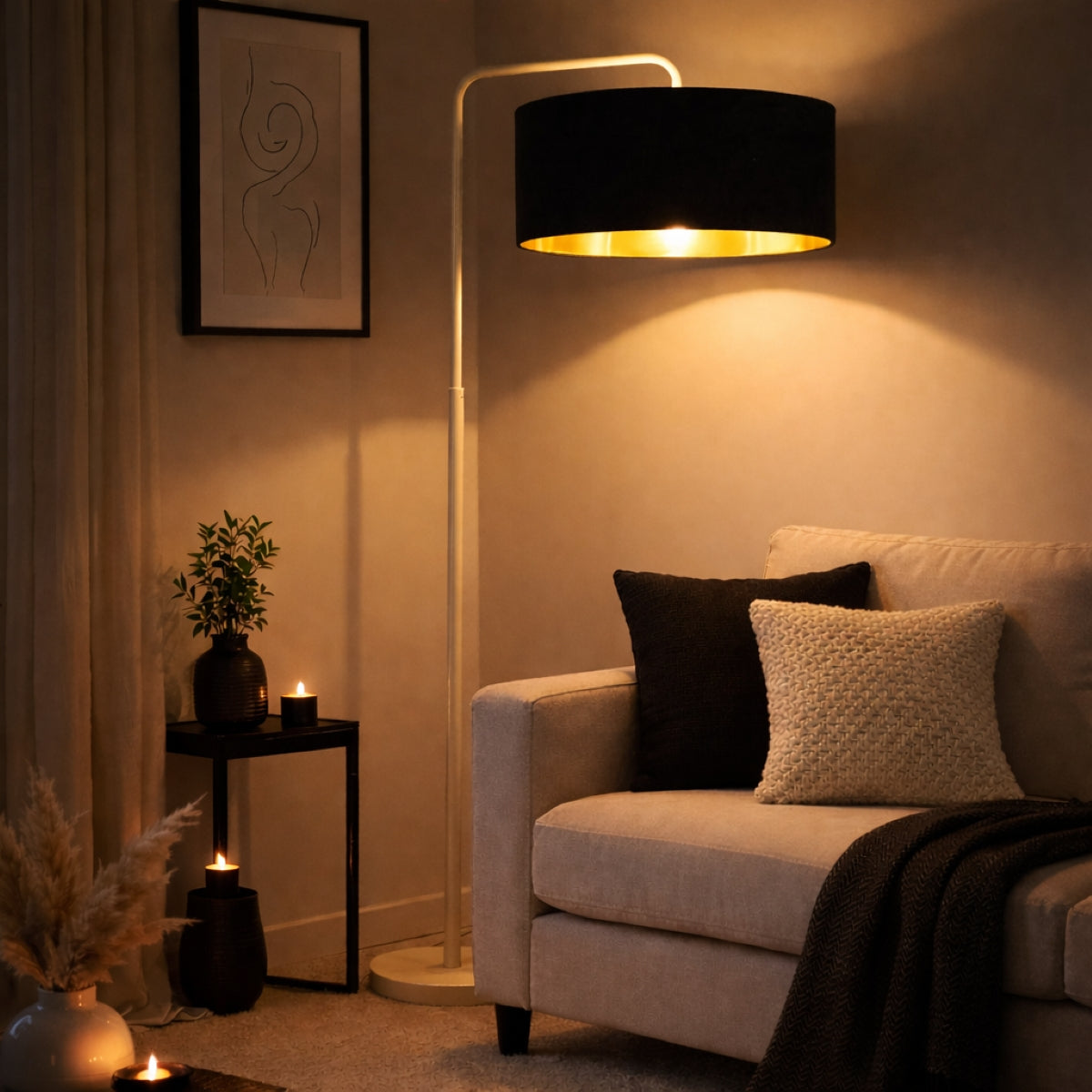 CGC Kyra Cream Angled Floor Lamp with Large 45cm Velvet Lampshade