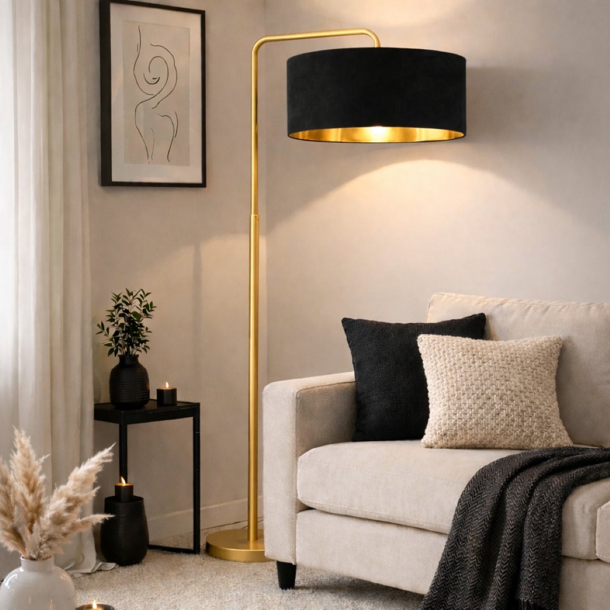 CGC Kyra Brushed Gold Angled Floor Lamp with Large 45cm Velvet Lampshade