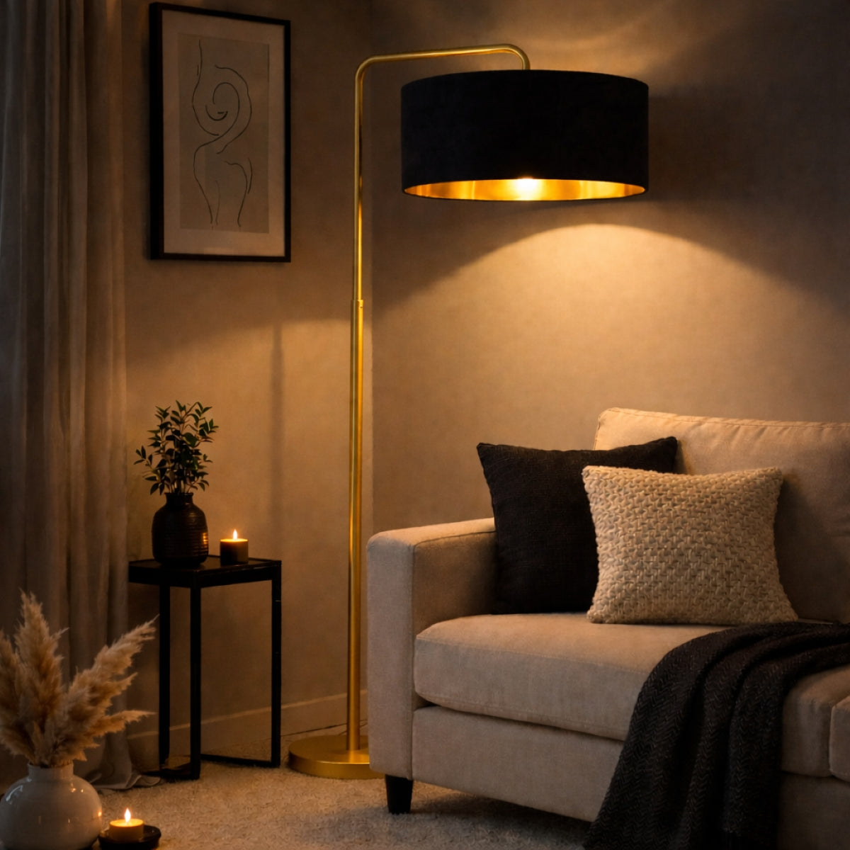 CGC Kyra Brushed Gold Angled Floor Lamp with Large 45cm Velvet Lampshade