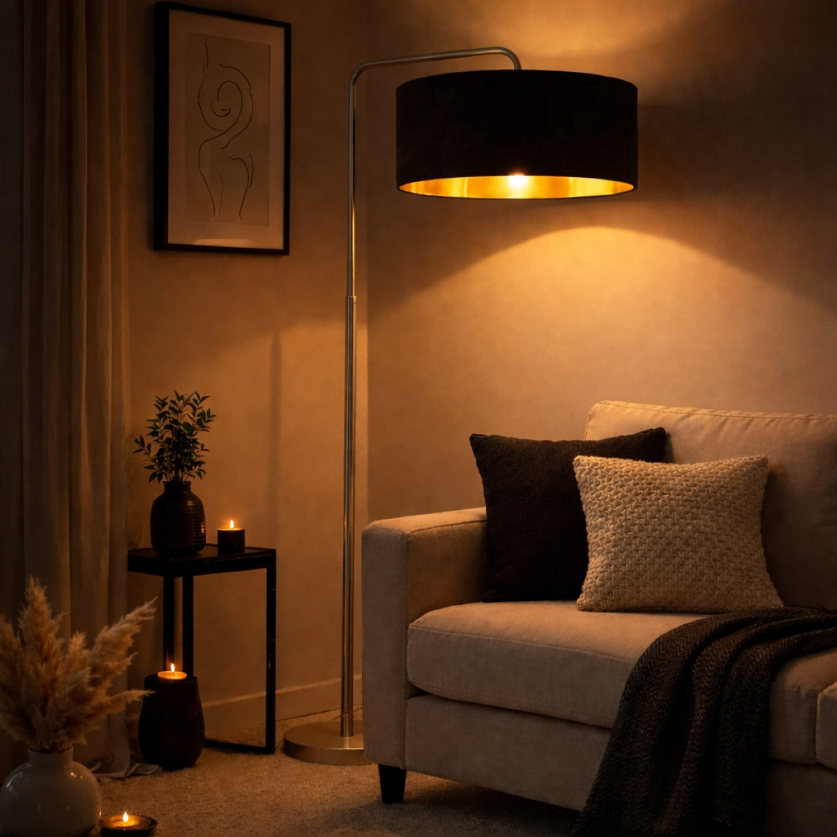 CGC Kyra Brushed Nickel Angled Floor Lamp with Large 45cm Velvet Lampshade