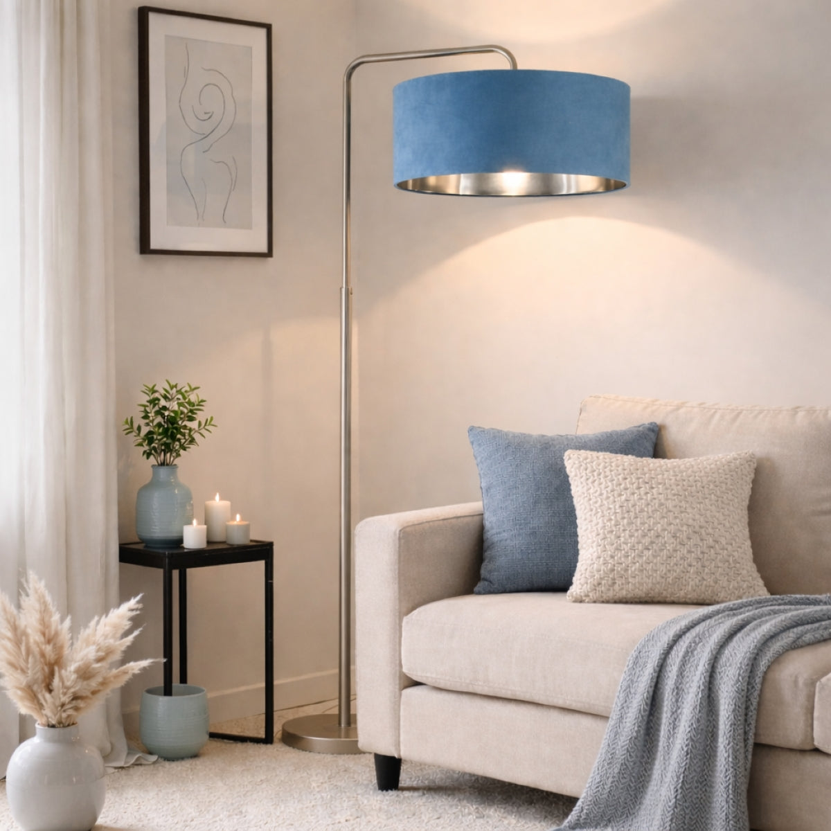 CGC Kyra Brushed Nickel Angled Floor Lamp with Large 45cm Velvet Lampshade