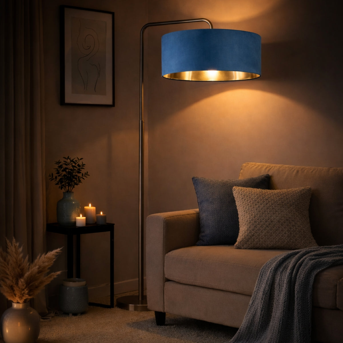 CGC Kyra Brushed Nickel Angled Floor Lamp with Large 45cm Velvet Lampshade