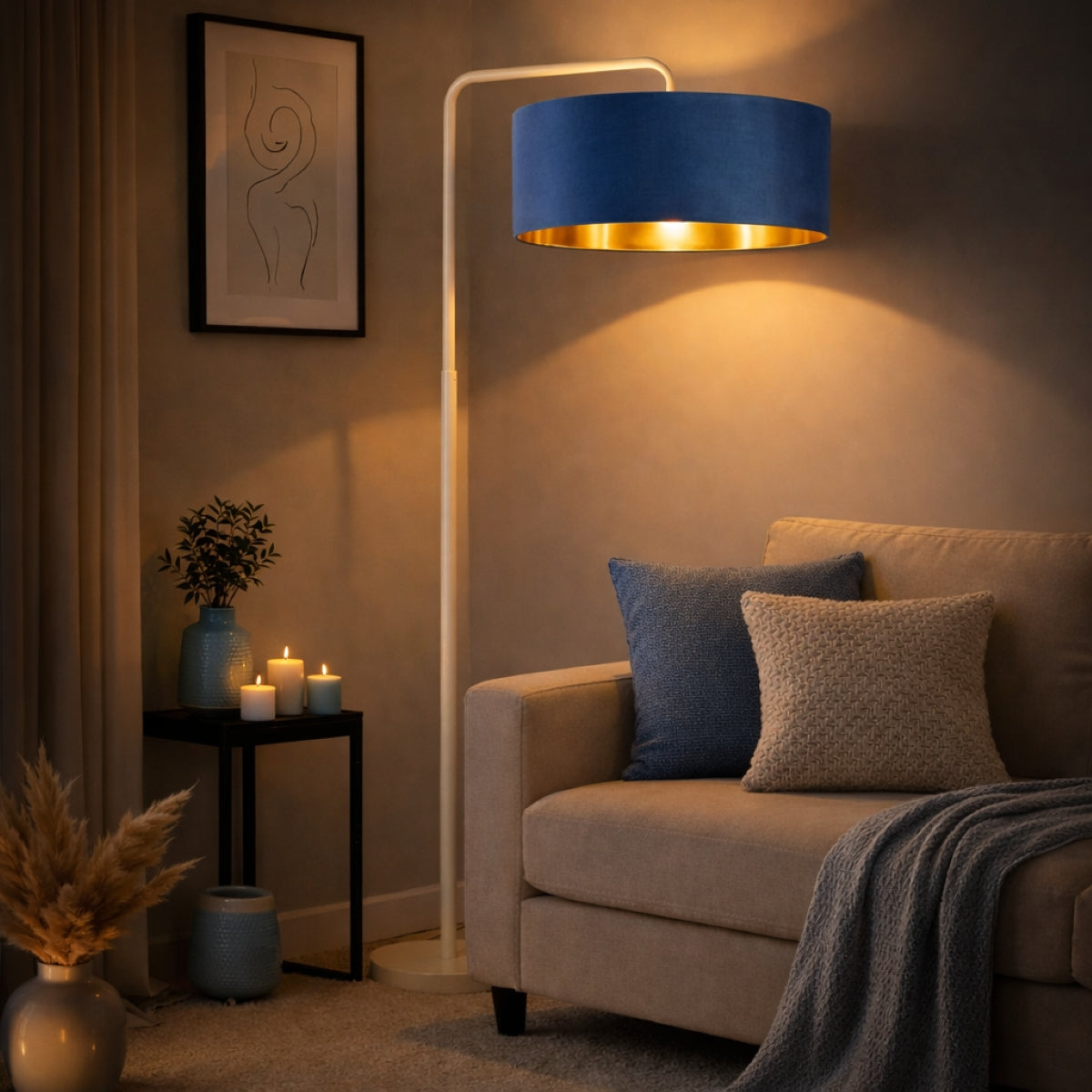 CGC Kyra Cream Angled Floor Lamp with Large 45cm Velvet Lampshade