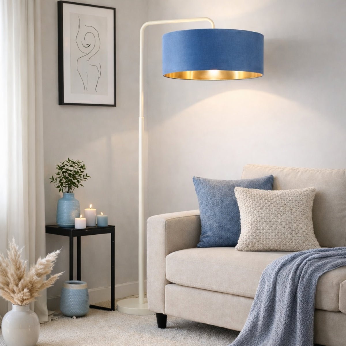 CGC Kyra Cream Angled Floor Lamp with Large 45cm Velvet Lampshade