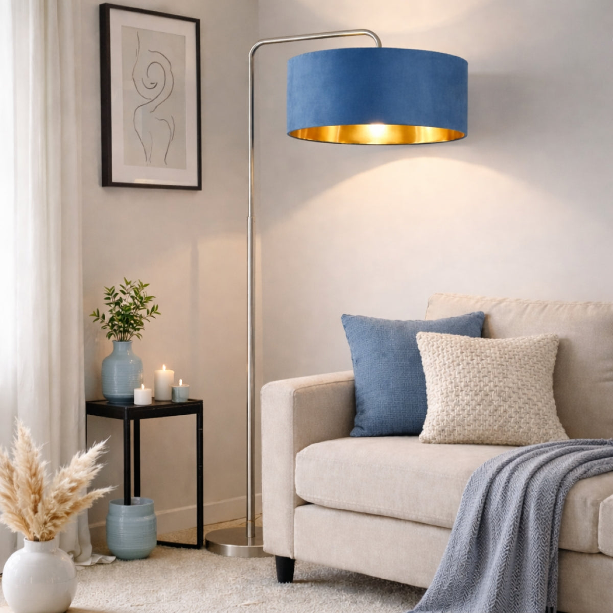 CGC Kyra Brushed Nickel Angled Floor Lamp with Large 45cm Velvet Lampshade