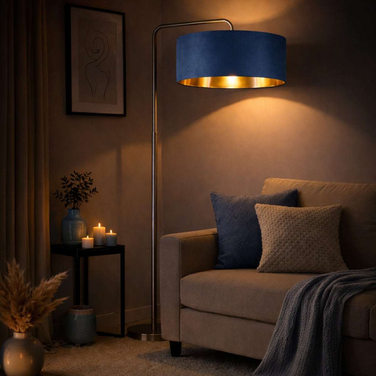 CGC Kyra Brushed Nickel Angled Floor Lamp with Large 45cm Velvet Lampshade