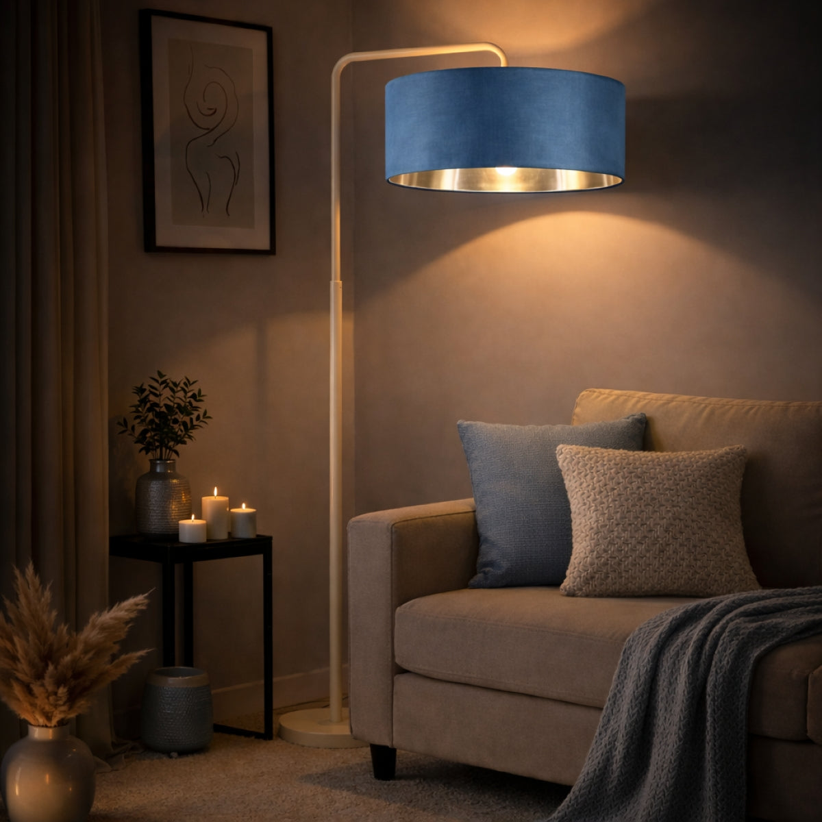 CGC Kyra Cream Angled Floor Lamp with Large 45cm Velvet Lampshade