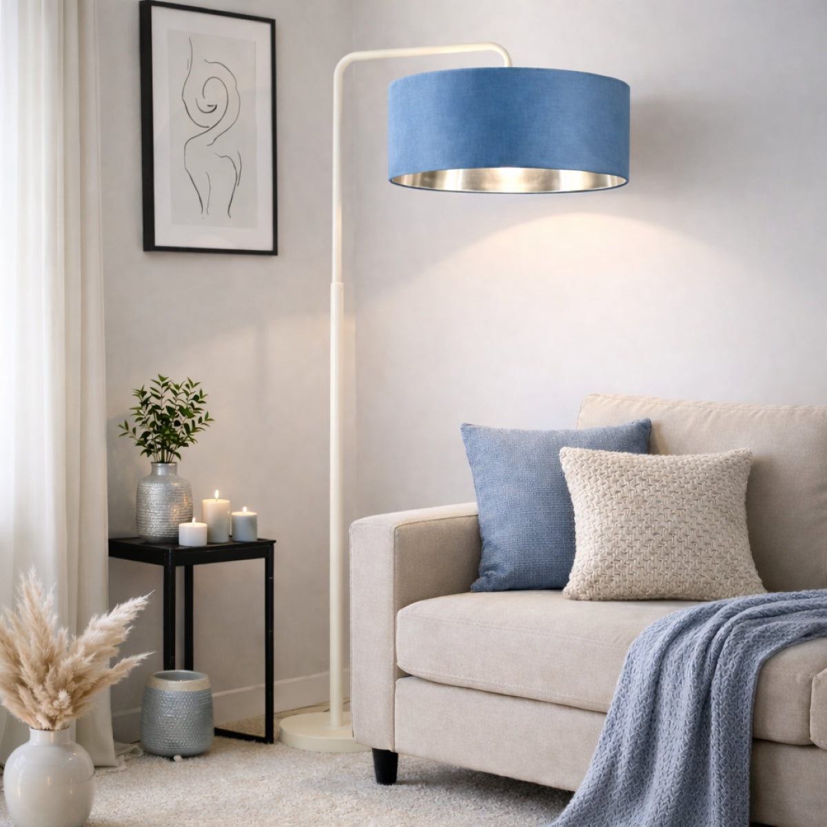 CGC Kyra Cream Angled Floor Lamp with Large 45cm Velvet Lampshade