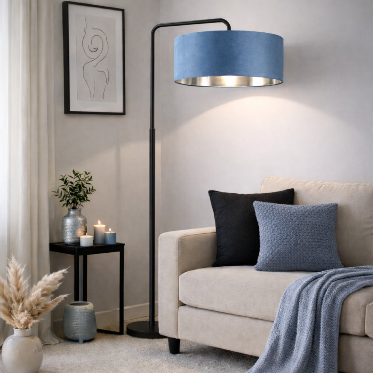 CGC Kyra Black Angled Floor Lamp with Large 45cm Velvet Lampshade