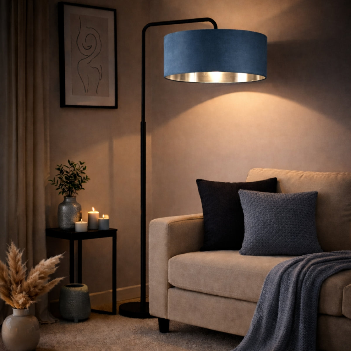 CGC Kyra Black Angled Floor Lamp with Large 45cm Velvet Lampshade