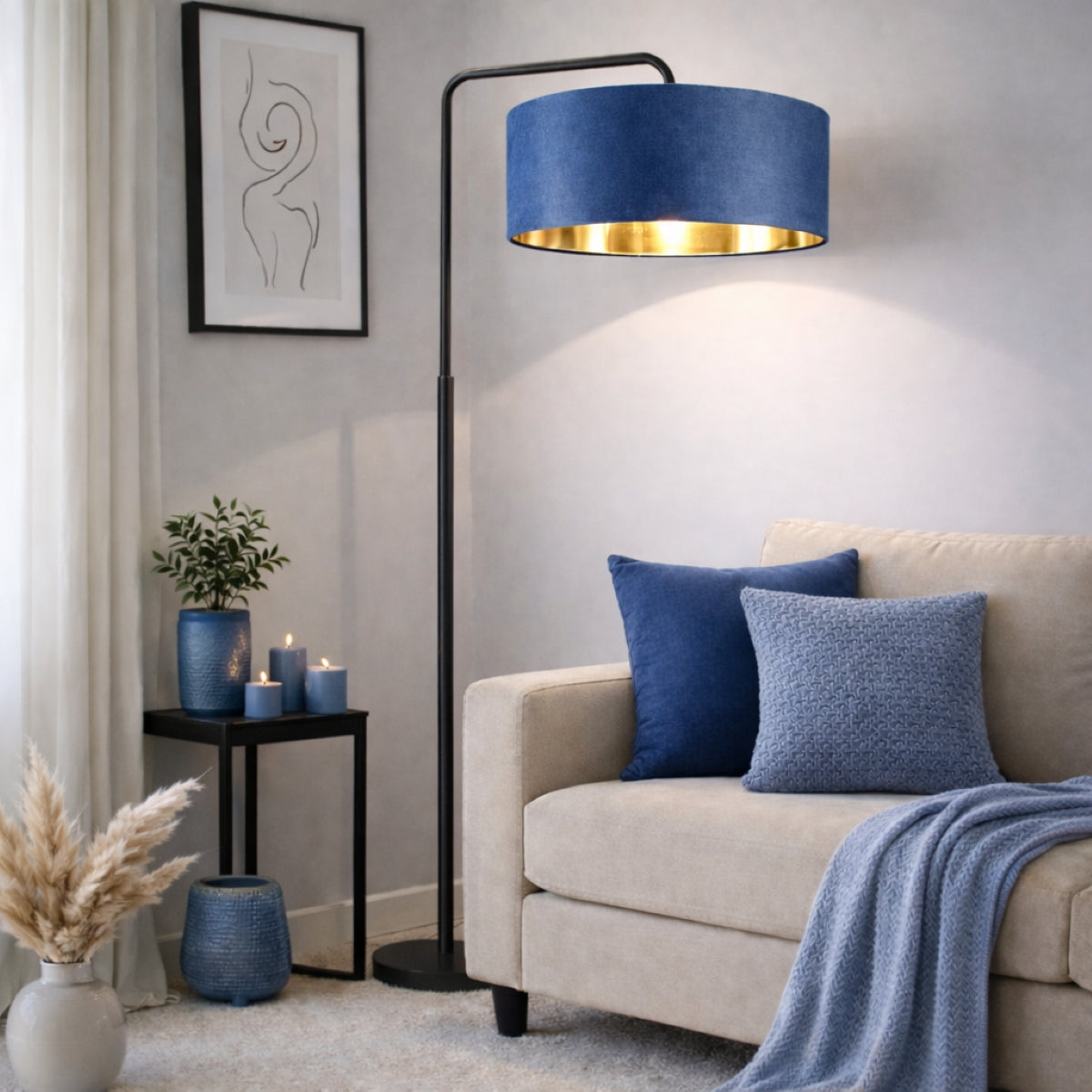 CGC Kyra Black Angled Floor Lamp with Large 45cm Velvet Lampshade