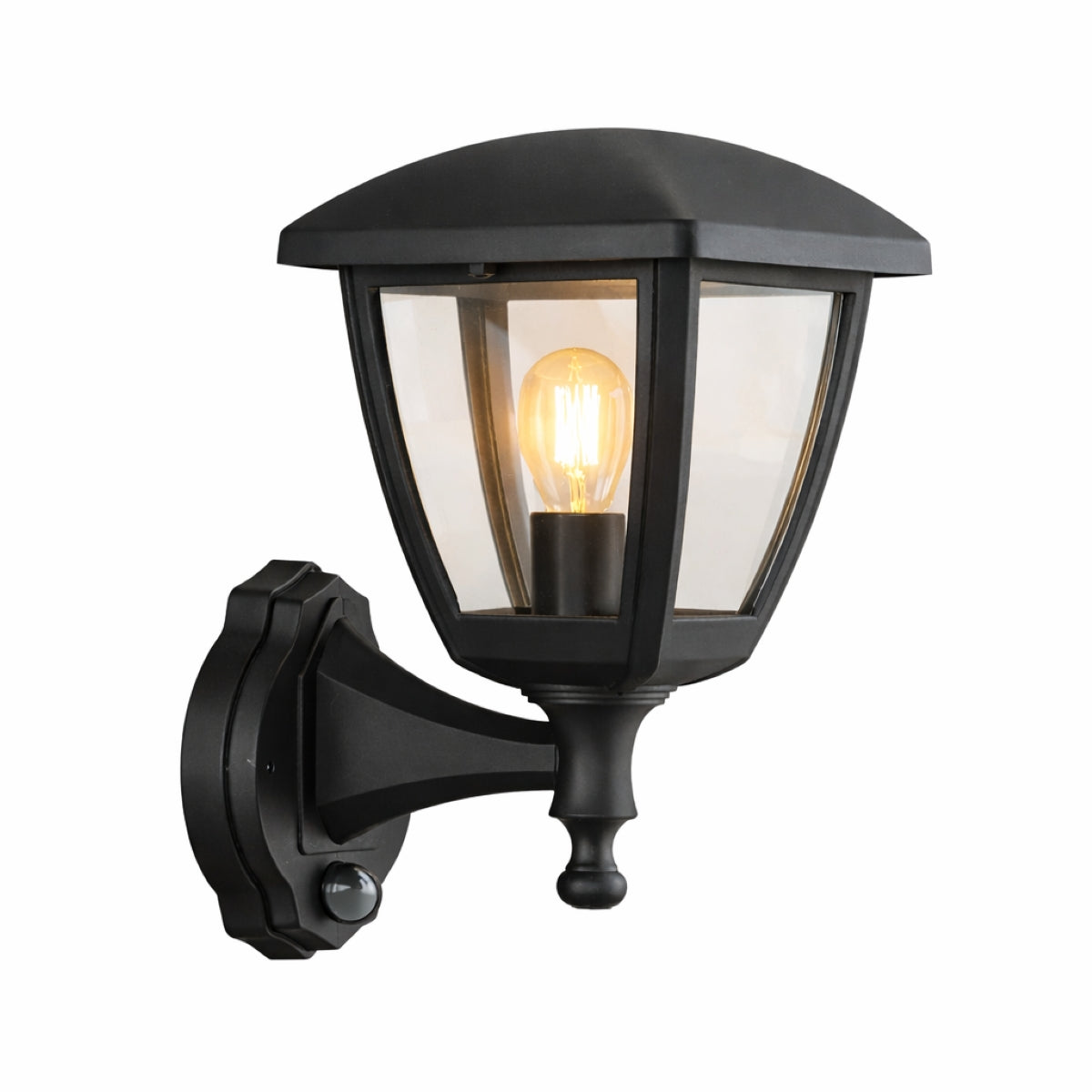 CGC NOVA Large Black Outdoor Wall Lantern Light PIR Motion Sensor with Clear Diffuser IP44 Polycarbonate Coastal