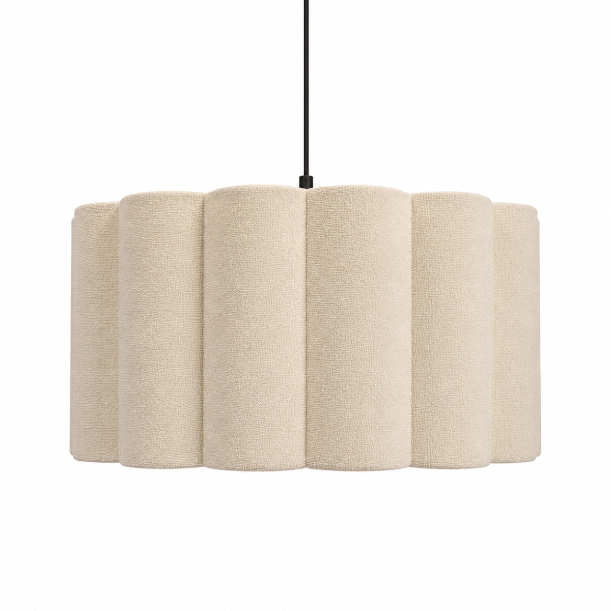 A modern drum pendant light with a textured, pleated fabric shade in a warm cream color, suspended by a thin black cord against a solid white background.