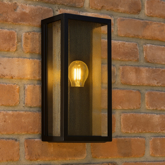 CGC SILAS Black Outdoor Box Lantern Wall Light with Brass Mesh Insert IP44 E27