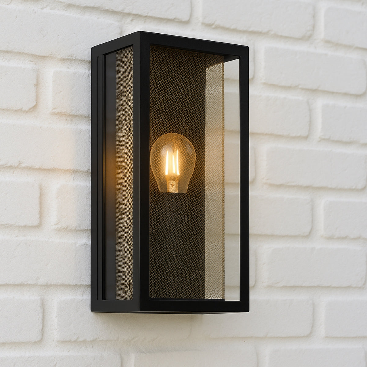 CGC SILAS Black Outdoor Box Lantern Wall Light with Brass Mesh Insert IP44 E27