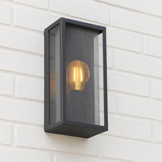 CGC SILAS Anthracite Dark Grey Outdoor Box Lantern Wall Light with Silver Mesh Insert IP44 E27