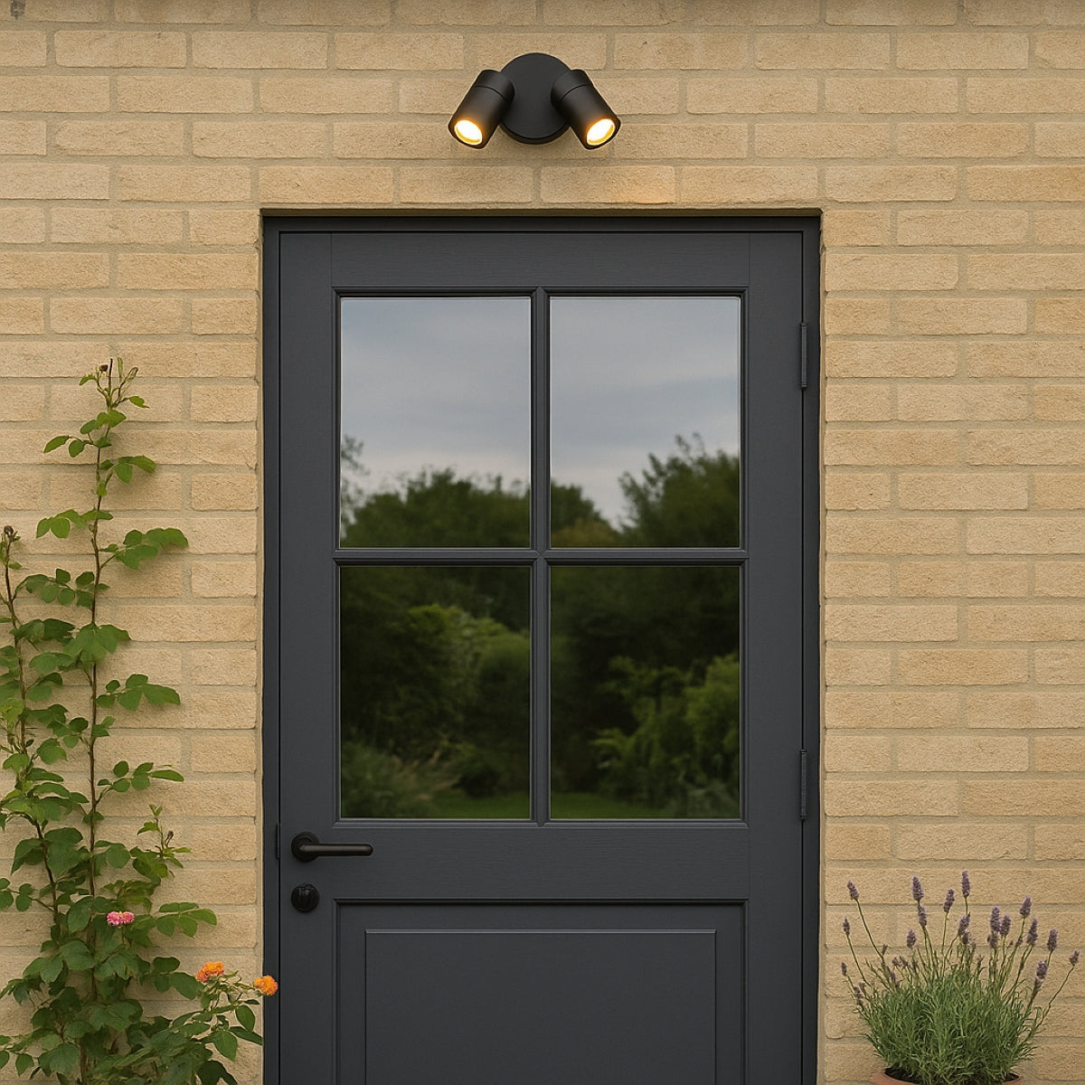 Black door with glass panels on a beige brick wall with outdoor lighting fixture.