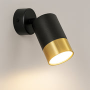 Black and gold wall-mounted light fixture on a neutral background