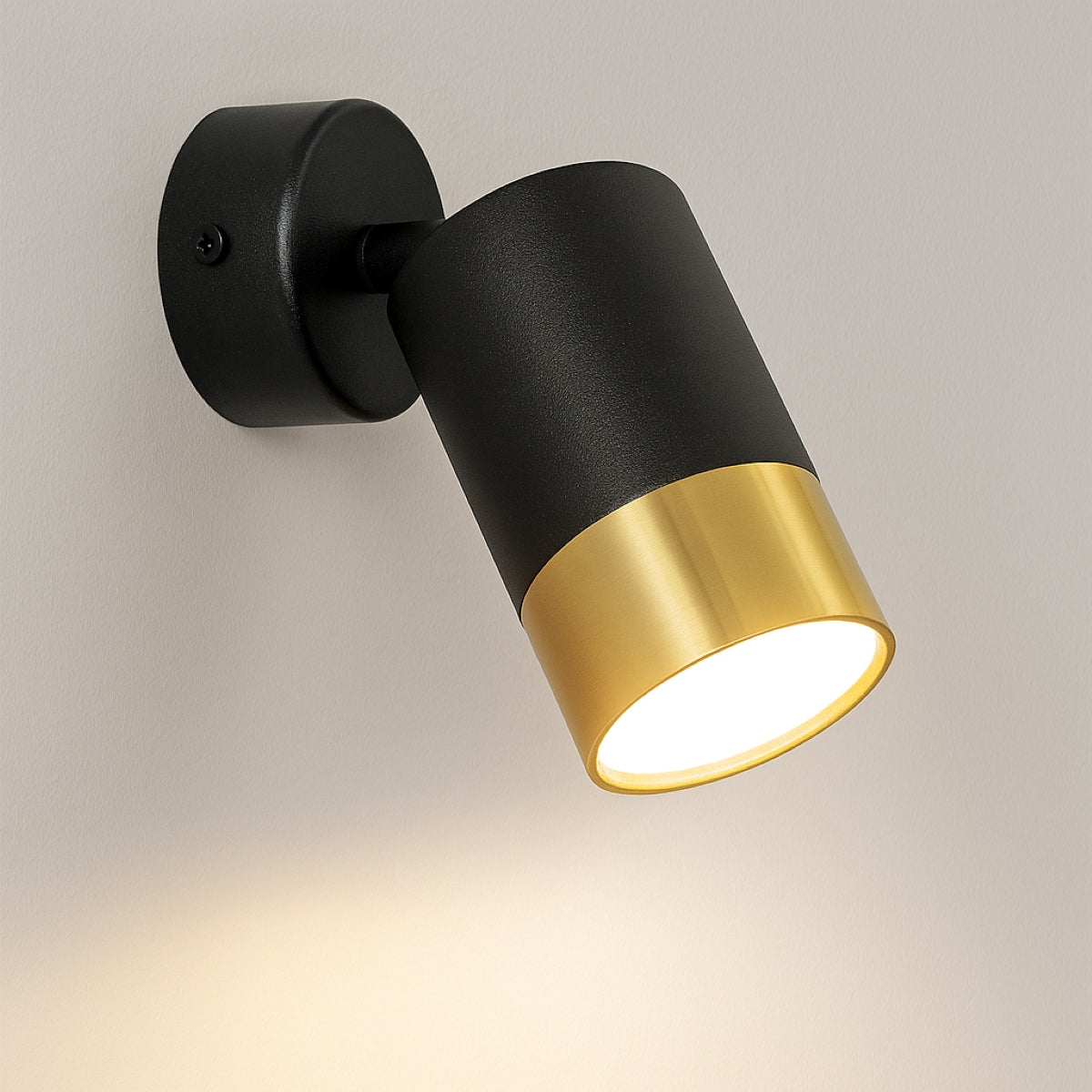 Black and gold wall-mounted light fixture on a neutral background