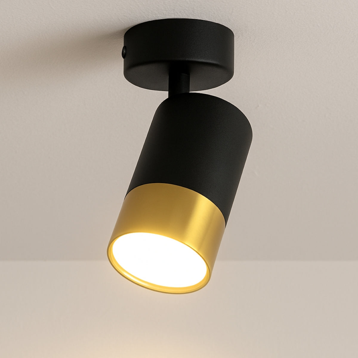 Black and gold ceiling light fixture on a neutral background