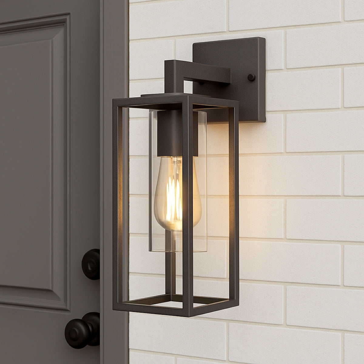 Black outdoor wall light fixture on a tiled wall