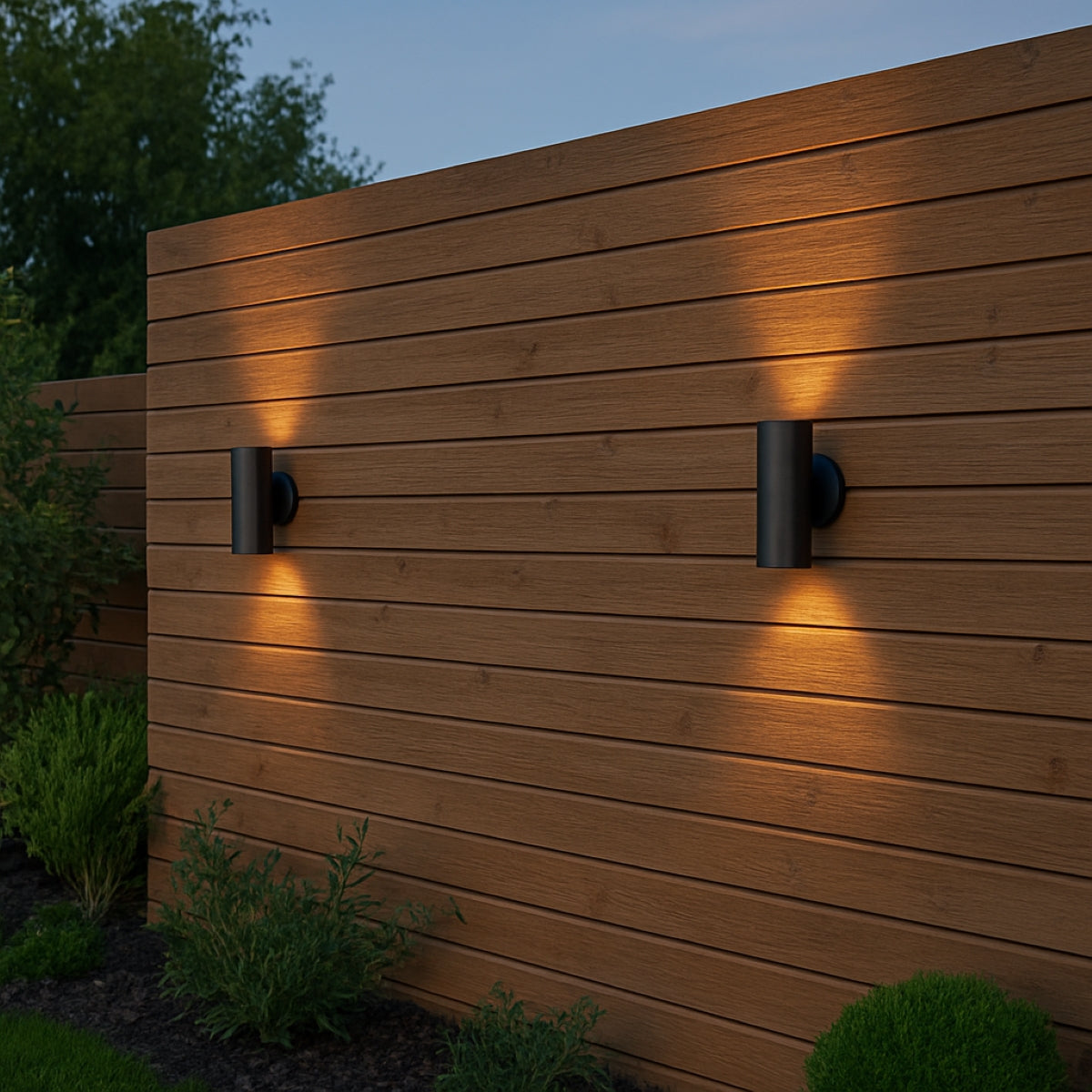Two outdoor wall lights on a wooden fence at night.