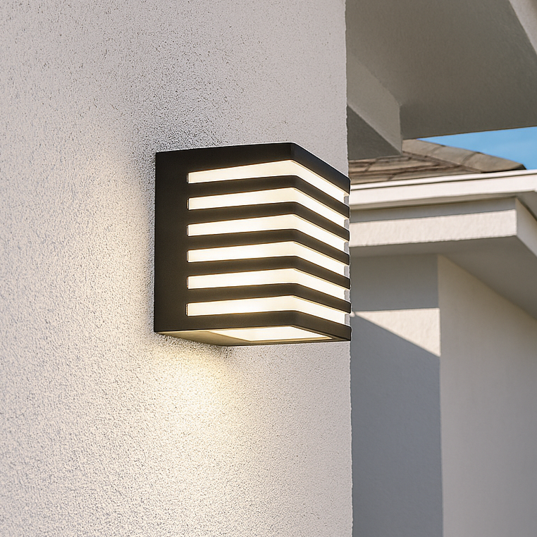 Modern outdoor wall light fixture on a house exterior with a clear sky.