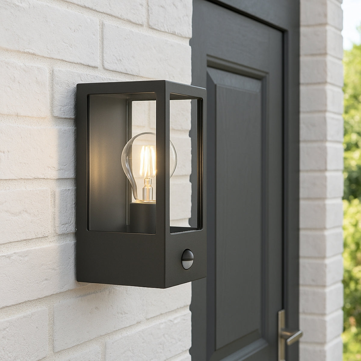 Black outdoor wall light fixture on a white brick wall next to a door.