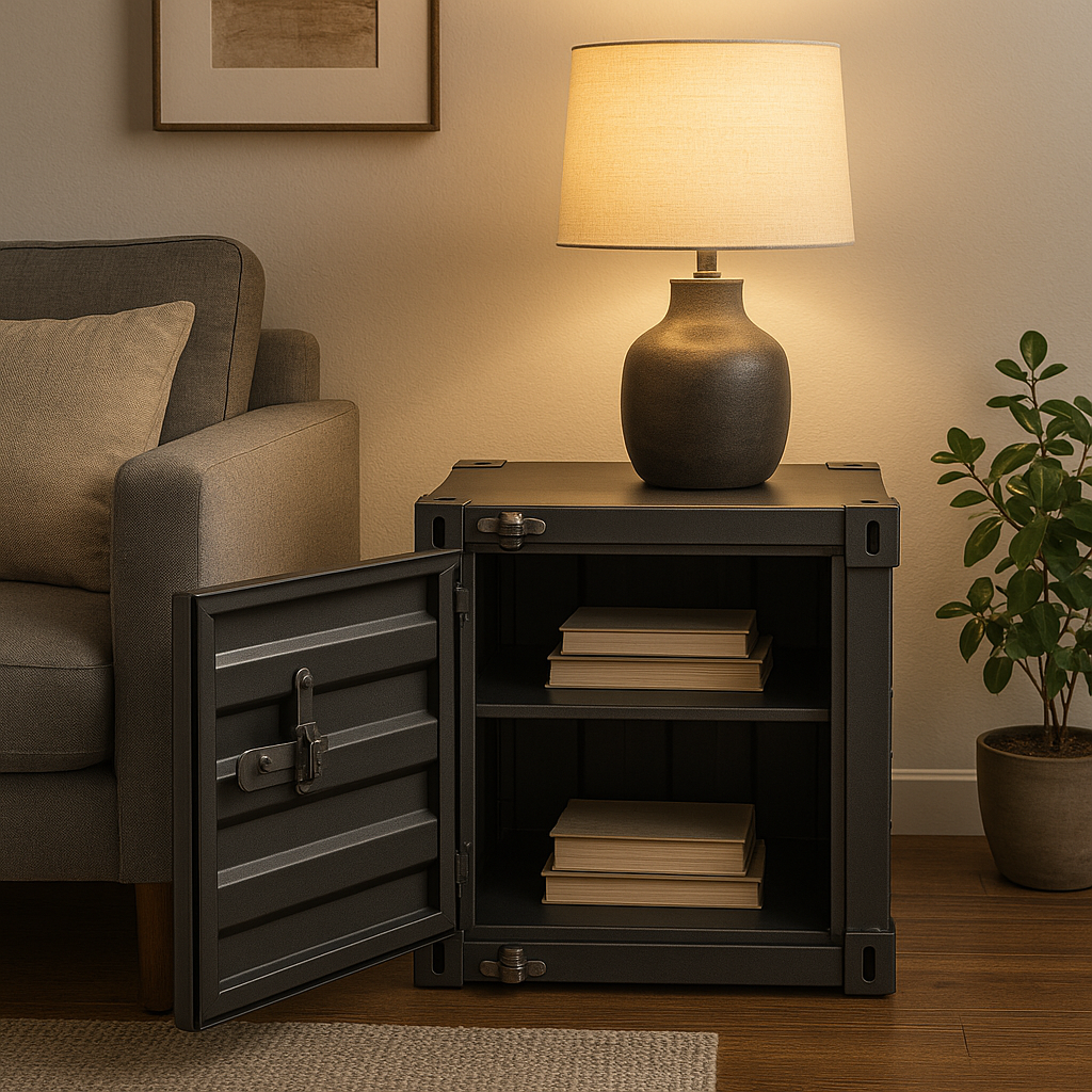 Retro Industrial Style Mini Shipping Container Side Table With Lockable Handle