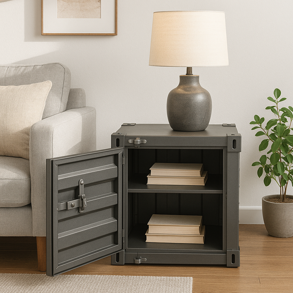 Retro Industrial Style Mini Shipping Container Side Table With Lockable Handle