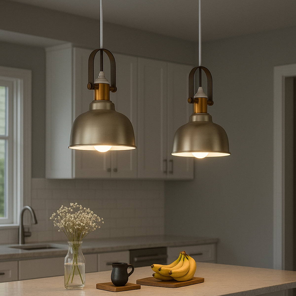 CGC GEORGIE Industrial Metal Pendant Light Champagne & White inner with Brass Fitting