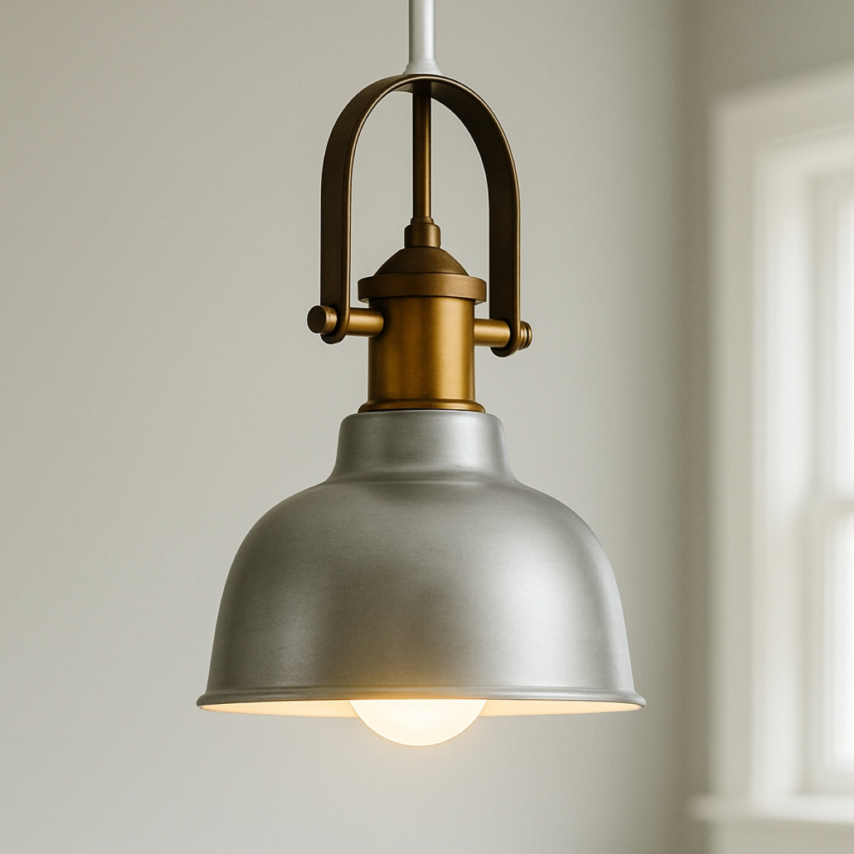 CGC GEORGIE Industrial Metal Pendant Light Silver & White inner with Brass Fitting