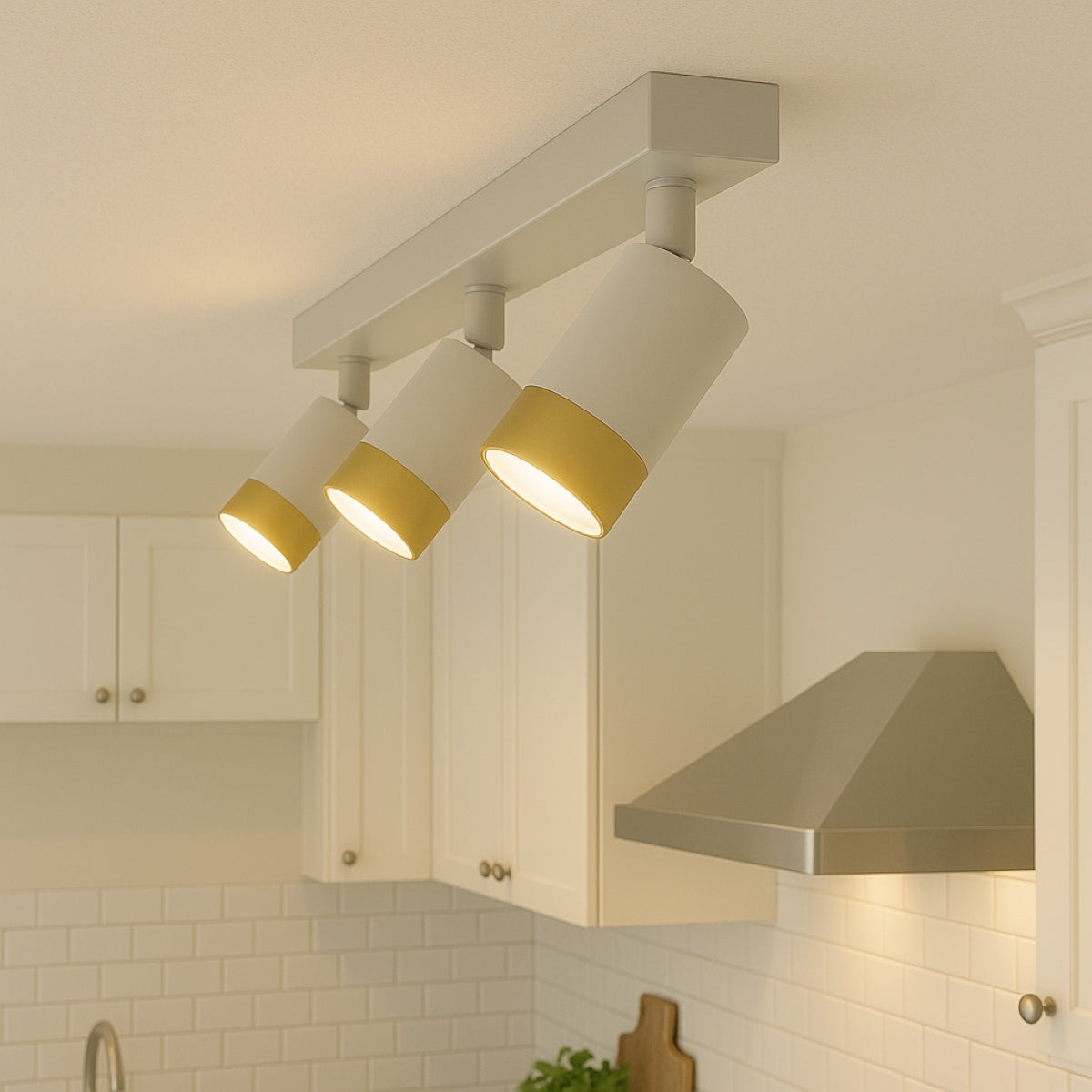 CGC PUZON White & Gold GU10 Adjustable Triple Three Head GU10 Ceiling Spotlight Bar Light