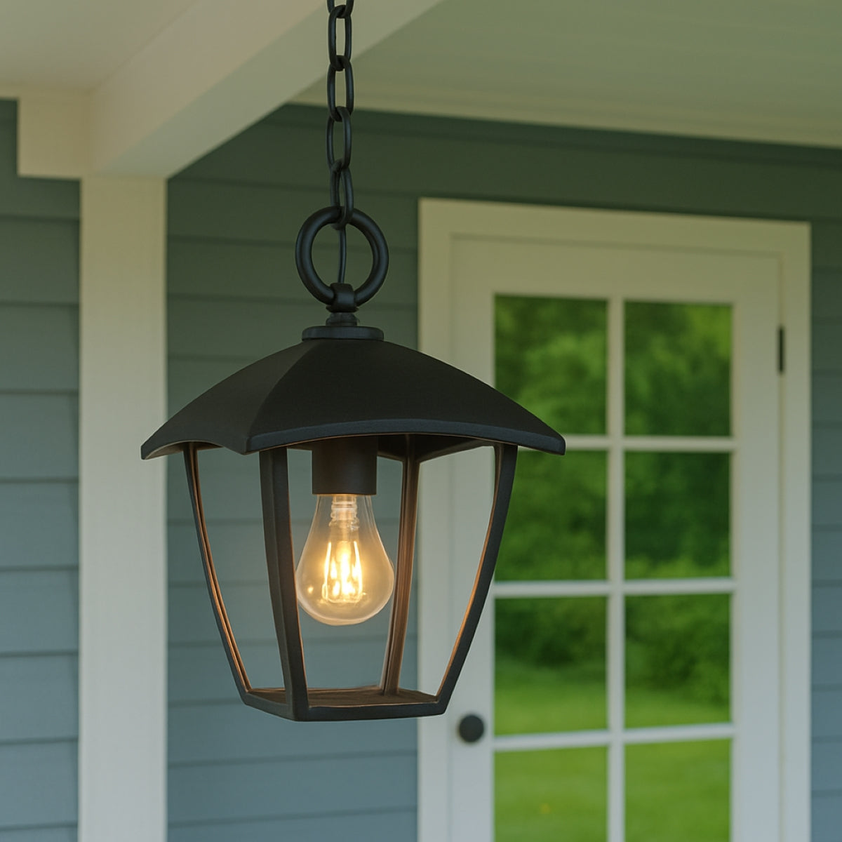 Black outdoor hanging light fixture on a porch with a blurred green lawn and house door in the background.