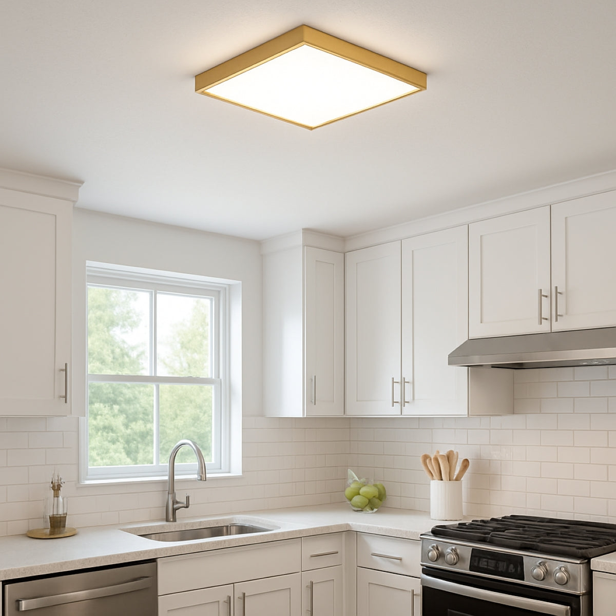 Modern kitchen with a ceiling light fixture, sink, and stove.