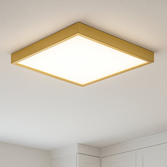 Gold square ceiling light fixture on a white ceiling