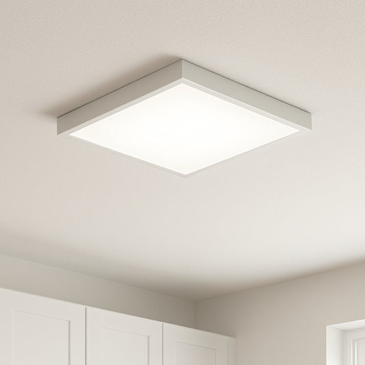 Square ceiling light fixture in a room with white walls and ceiling. Porch light