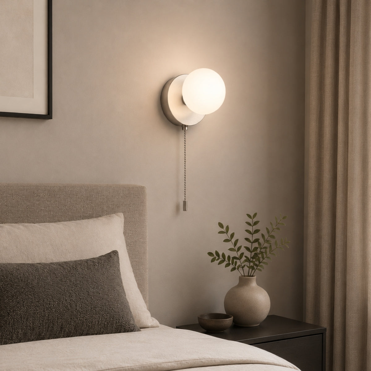 CGC MACIE Satin Nickel & White Opal Globe LED Rechargeable Magnetic USB Reading Bedside Wall Light Pull Cord Switch