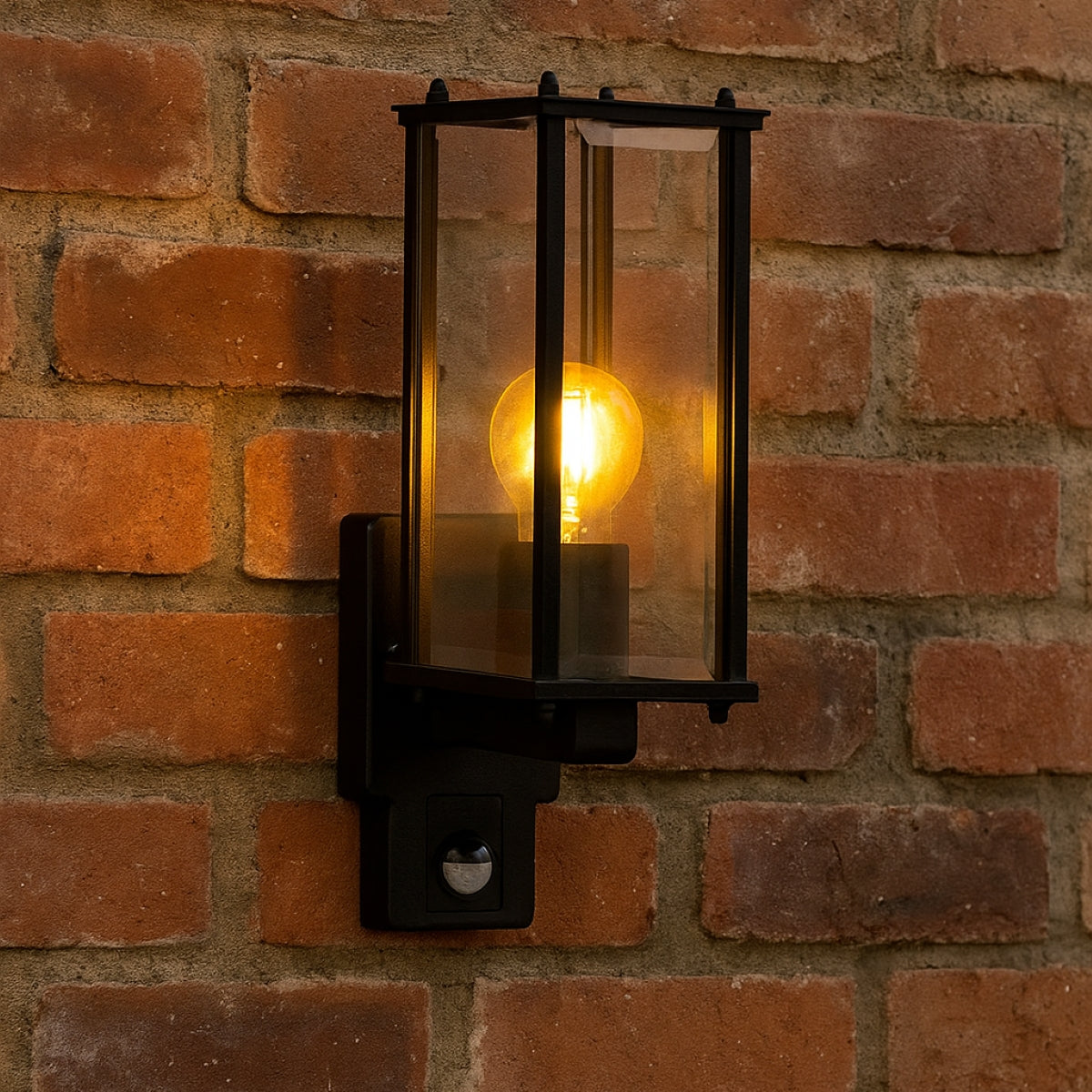 CGC MARIN Black Outdoor Wall Lantern Clear Bevelled Glass Diffuser WITH PIR Motion Sensor IP44