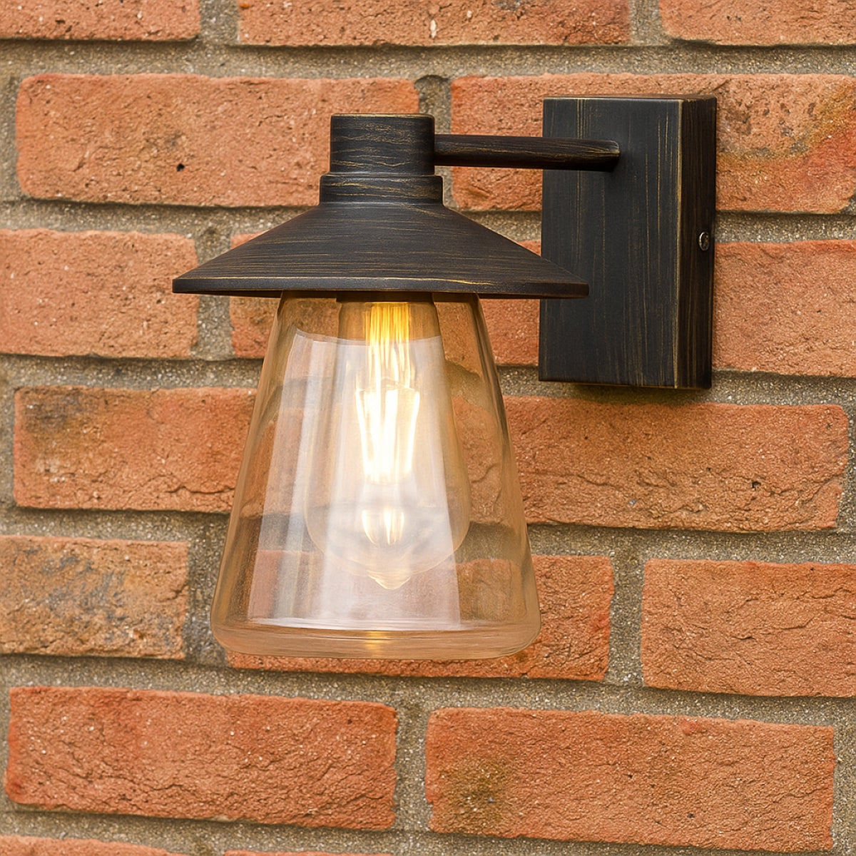 Outdoor wall light fixture on a brick wall