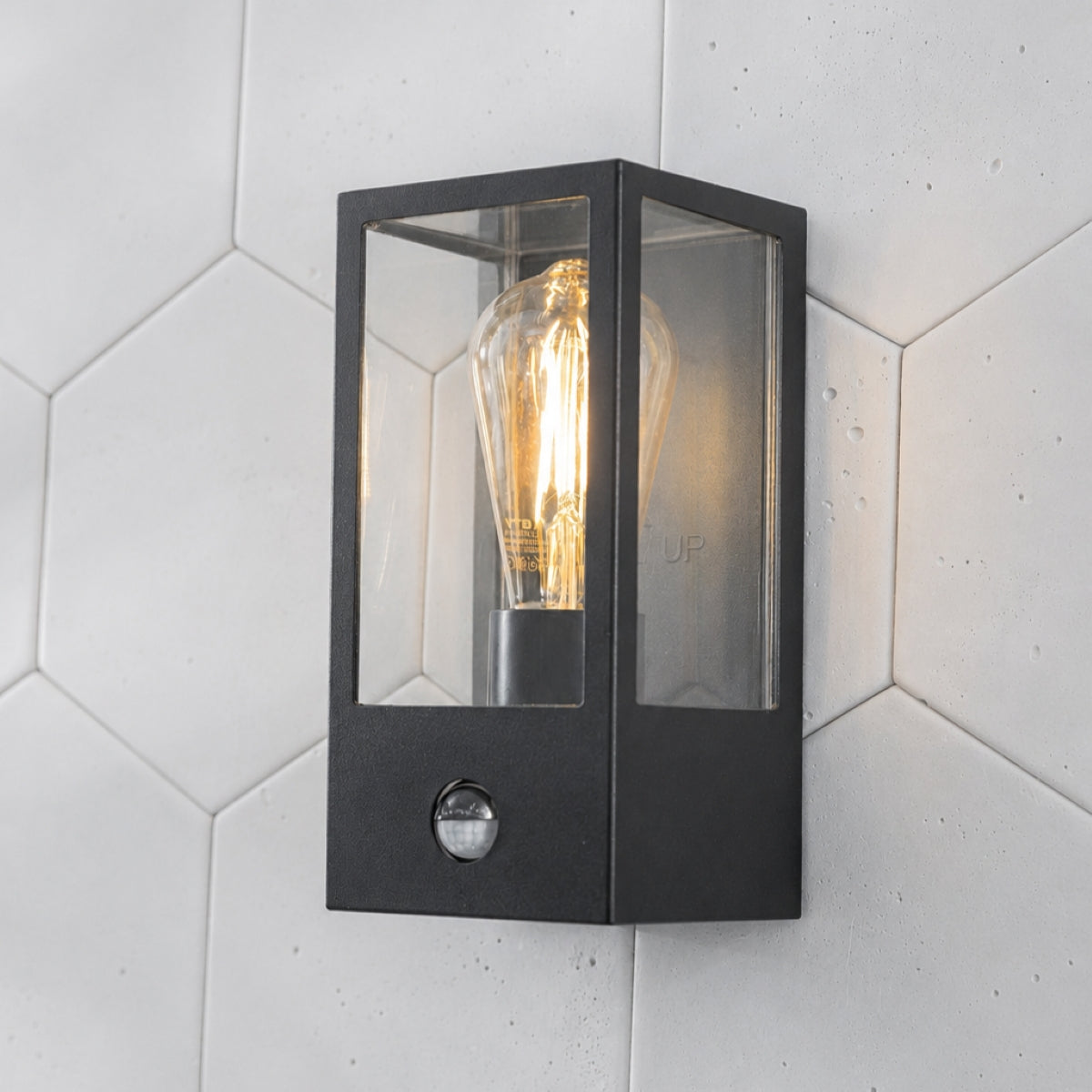 CGC MARINA Black E27 Outdoor PIR Motion Sensor Wall Light Box Lantern Clear Diffuser IP44