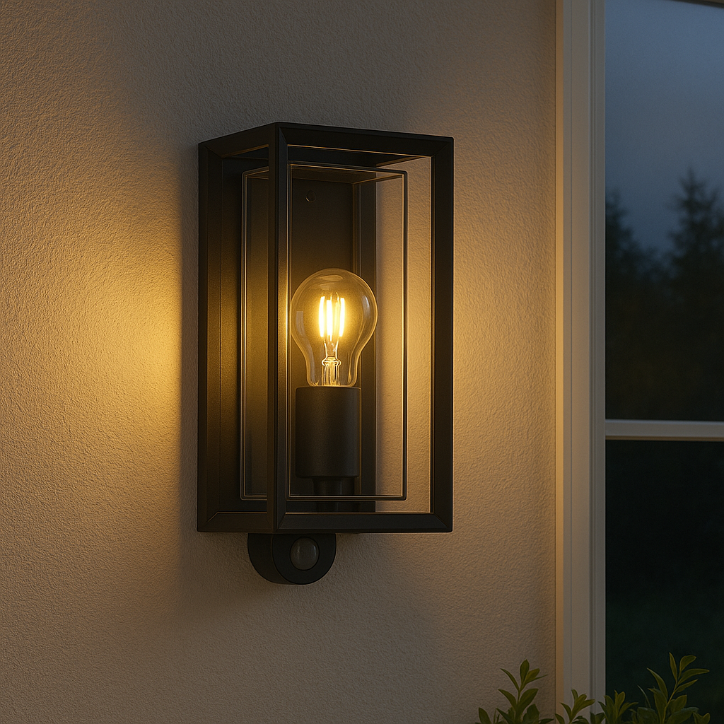 Black outdoor wall light fixture with a lit bulb on a wall.