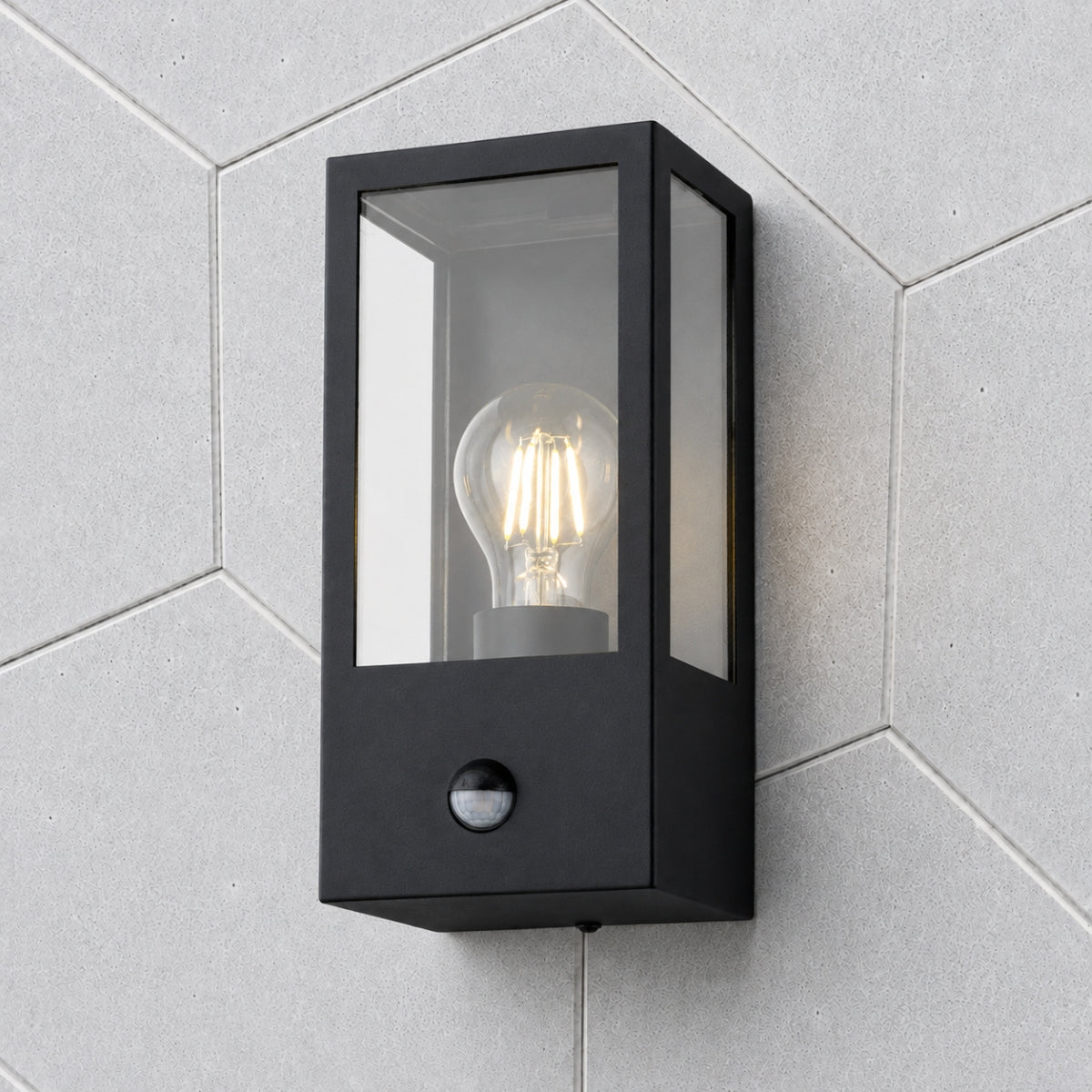 CGC Dave PIR Motion Sensor Black E27 Outdoor Wall Light Box Lantern Clear Diffuser IP54