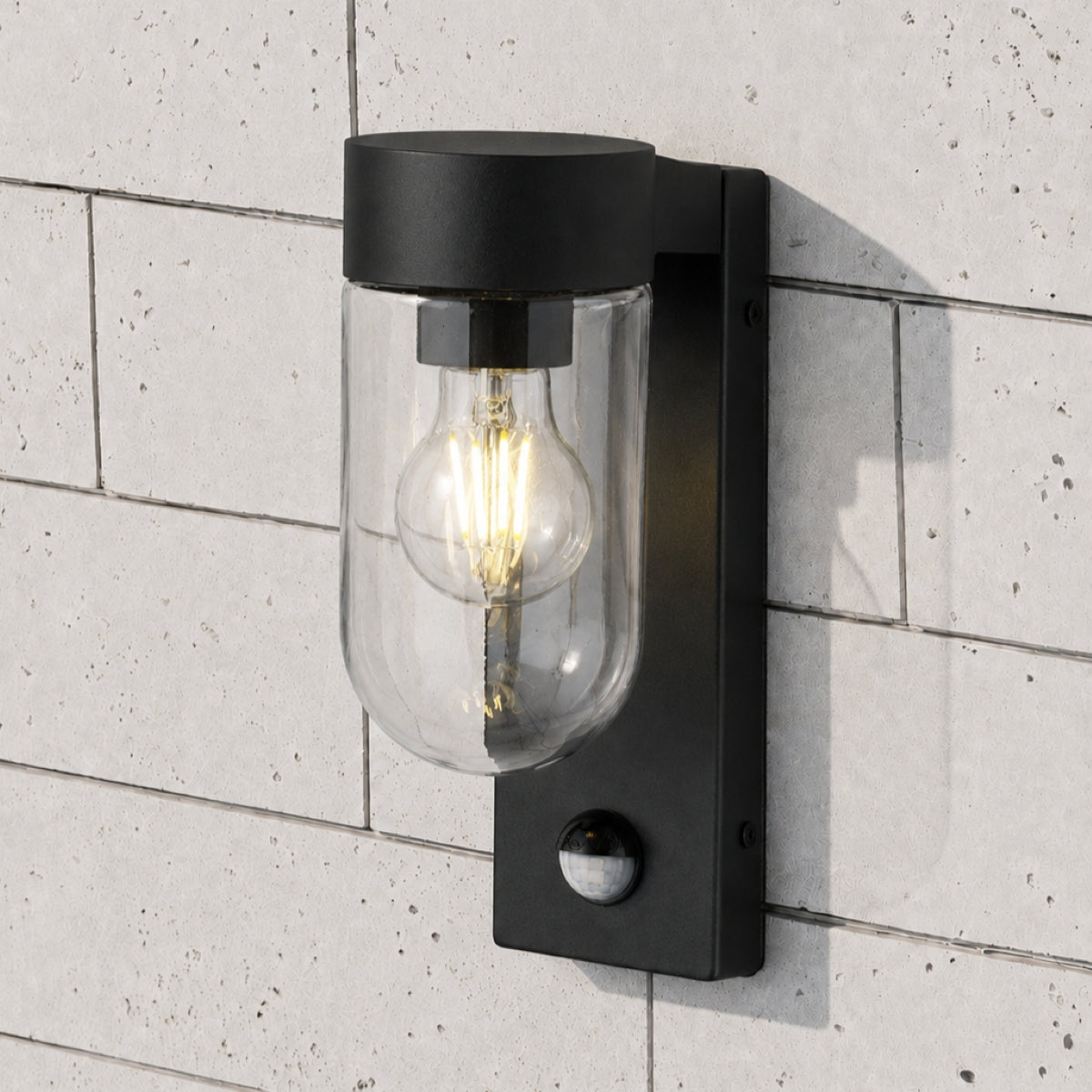 CGC Rowan PIR Motion Sensor Black Outdoor Wall Lantern Light with Clear Diffuser IP54