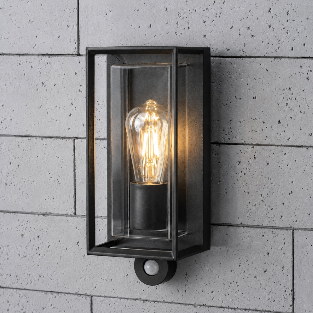 CGC FLORIANA PIR Black Outdoor Wall Light Clear Diffuser E27 Standard Screw IP54