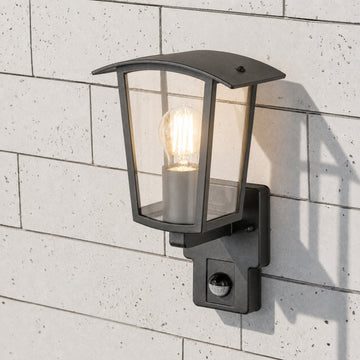 CGC ALLY Black E27 Outdoor Wall Light Lantern Clear Diffuser IP44 with PIR Motion Sensor